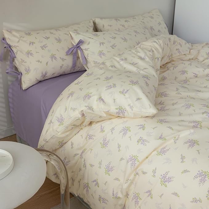 mixinni Cotton Purple Floral Duvet Cover Twin Size Soft Cottage Ribbon Bedding by mixinni