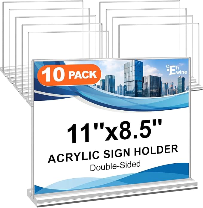 EHWINE Acrylic Sign Holder 8.5 x 11, 10 Pack Horizontal Double-Sided Stand | by EHWINE