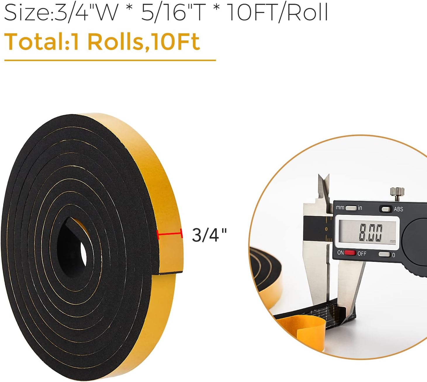 10 Feet Weather Stripping Door Seal, 3/4" Wide X 5/16" Thick Door Seal Strip High Density Foam Tape Adhesive Strip for Door Soundproofing,Window Insulation (3/4" x 5/16" x 10FT,Black)