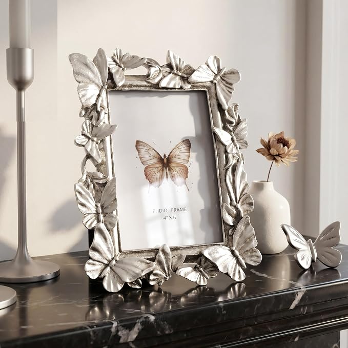 4x6 Silver Picture Frame, Butterfly Photo Frame, Vintage Elegant Decor | Fits - Image 2