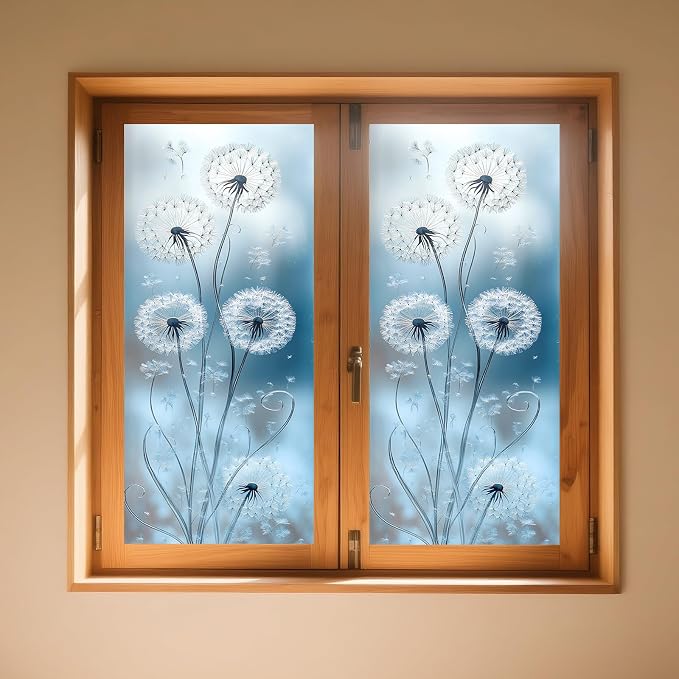 IVN Privacy Window Film Stained Glass Window Cling White Dandelion Design - Image 2