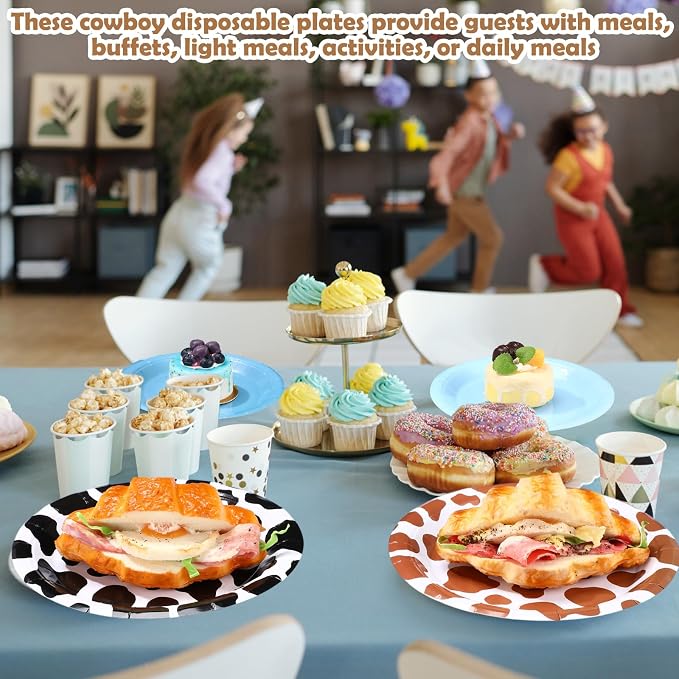 Funnymoom 60 Pcs 7 Inch Western Cowboy Party Paper Plates Blue Brown Cartoon - Image 5