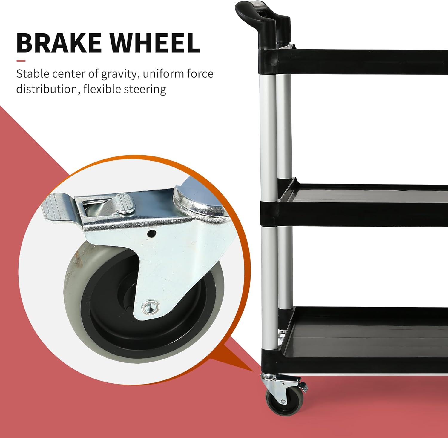 3-Tier Utility Rolling Cart with Wheels, Durable Catering carts with Wheels, Rolling Storage Cart for Hotel Canteen Resturant Office (Black, 34.4" D x 16.5" W x 37.7" H)