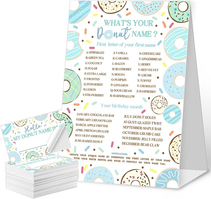 What's Your Donut Name Game Cards, Birthday Game Supplies, 1 Donut Name Game by QZCYU