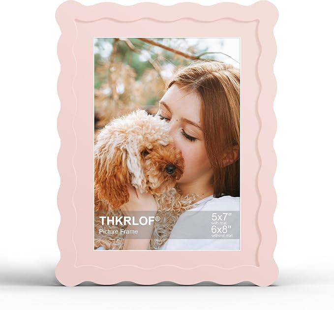 6x8 Picture Frame with Mat for 5x7, Wavy Edge Wooden Real Glass Photo Frame for by THKRLOF