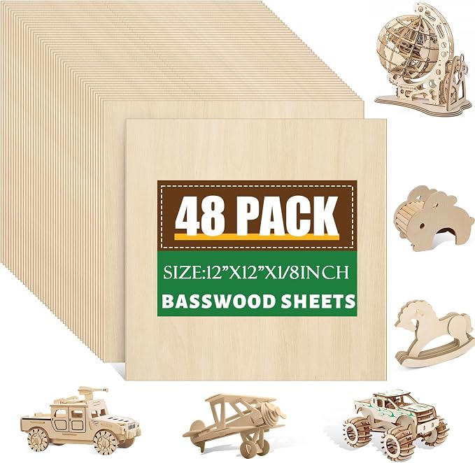 48 Pack Basswood Sheets 1/8x12x12 Inch, Unfinished Wood by ESRICH