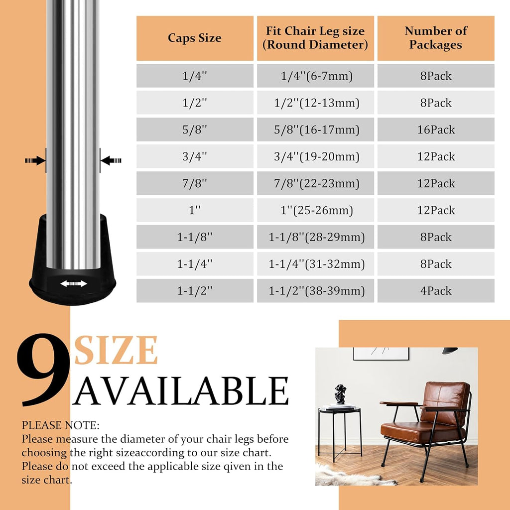 1/4" Round Rubber Furniture Leg Tips Caps, 8 Pack Black Extra Small Furniture Leg Floor Protectors (Fit: 6mm to 7mm)