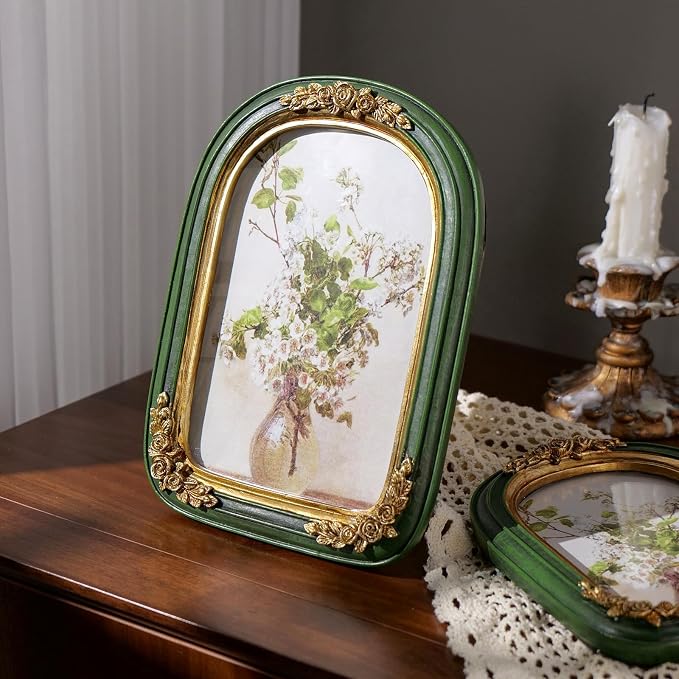 Cuspin Vintage 5x7 Picture Frame Green and Gold Frames, Ornate Arch Picture - Image 7