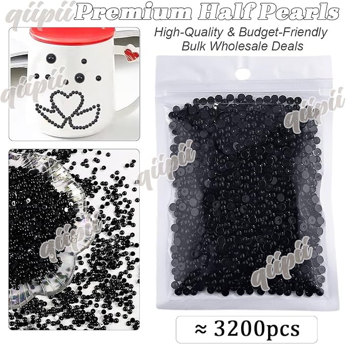 qiipii 3200PCS 4mm Small Pure Black Round Half Round Pearls - Image 2