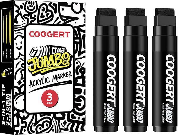 Coogert 3Pcs Black Jumbo Poster Markers, 15MM Thick Permanent Acrylic Graffiti by CoogertPaintPens