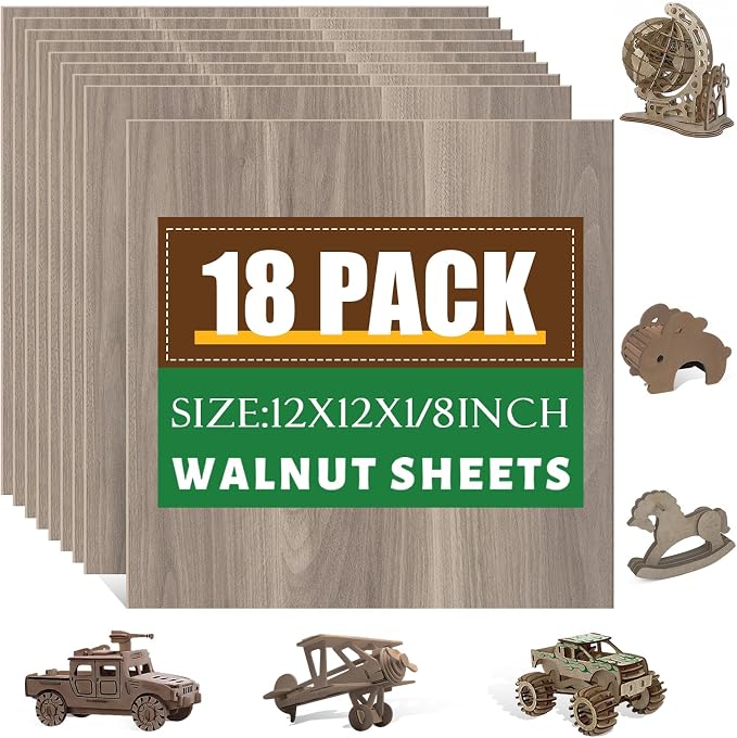 18 Pack Walnut Plywood Sheets 12x12x1/8 Inch, 3mm Plywood by ESRICH