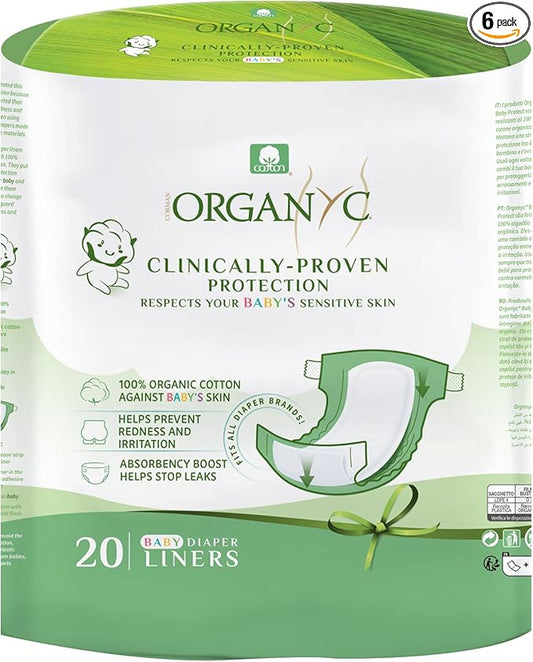 Organyc 100% Certified Organic Cotton Baby Diaper Liner for Sensitive Skin, Fits All Brands and Sizes Diapers Except New Born, 20 Count (Pack of 6)