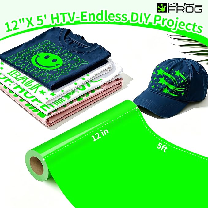 VINYL FROG Neon Green Heat Transfer Vinyl Roll 12" x5ft Matte HTV Vinyl | Neon - Image 2