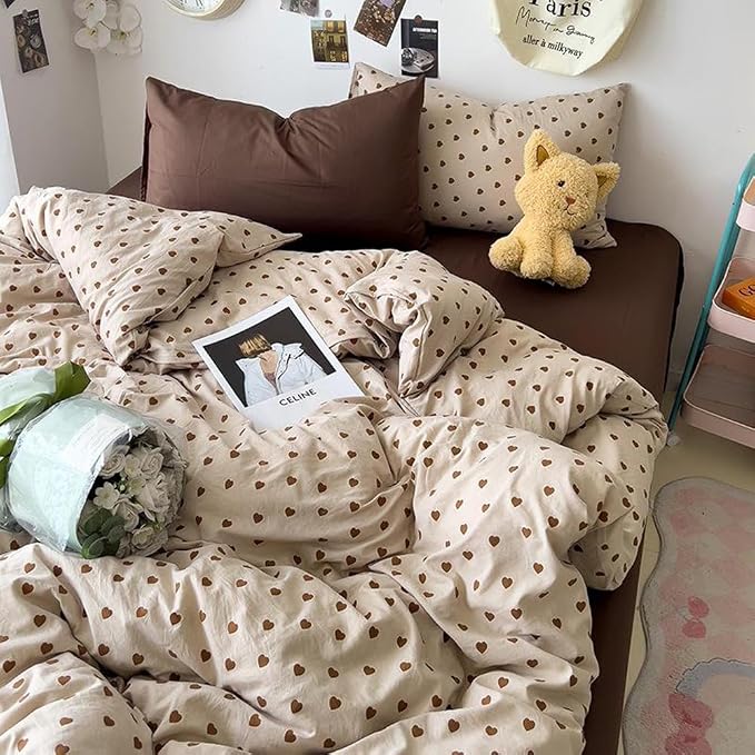 Nayoroom Brown Heart Duvet Cover Queen Size Vintage Hearts Printed on Taupe - Image 4