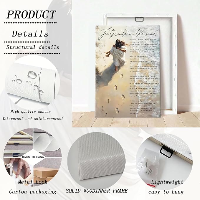 Jesus Holding Woman Wall Art Footprints in the Sand Painting Picture Wall Decor - Image 2