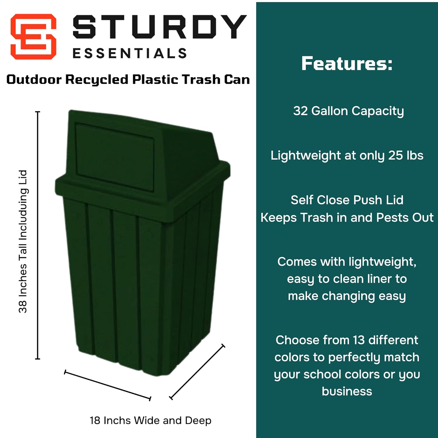 32 Gallon Square Slatted 100% Recycled Plastic Heavy-Duty Commercial Outdoor or Indoor Trash Can with Push Top Lid | Great for Schools and Businesses - Green Granite