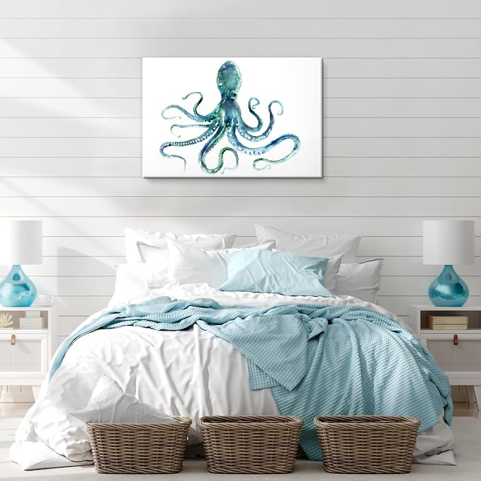 JAPO ART Blue Octopus Bathroom Decor Canvas Wall Art by Edward Selkirk Coastal - Image 4