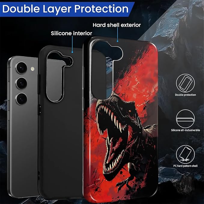 for Samsung Galaxy S23 Plus Case, Cool Dinosaur Red Black Pattern Glossy 2 in 1 - Image 3