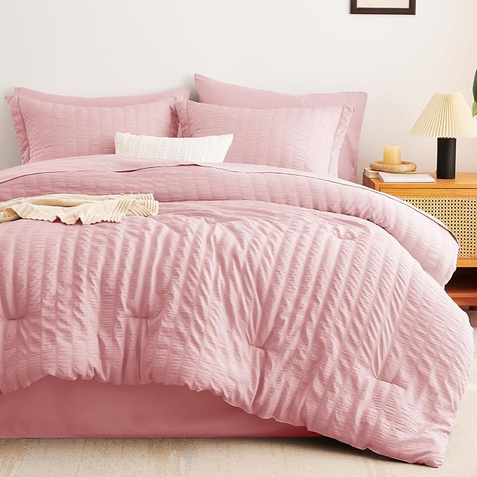 CozyLux Queen Comforter Set Pink Seersucker 7 Pieces Bed in a Bag Queen - Image 9