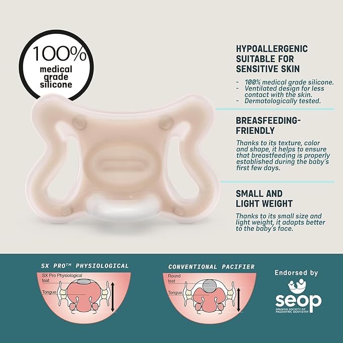 Suavinex Zero Zero Silicone Baby Pacifier w/SX Pro Physiological Pacifier Nipple, (6-18m), 2Pk Fair