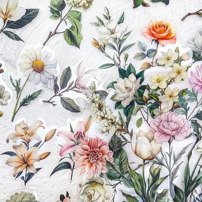 50pcs White Flower Scrapbook Stickers – Vintage Botanical Clear Floral - Image 3