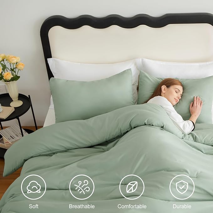 CozyLux King Size Comforter Set Sage Green, 3 Pieces Solid Comforters King Size - Image 5