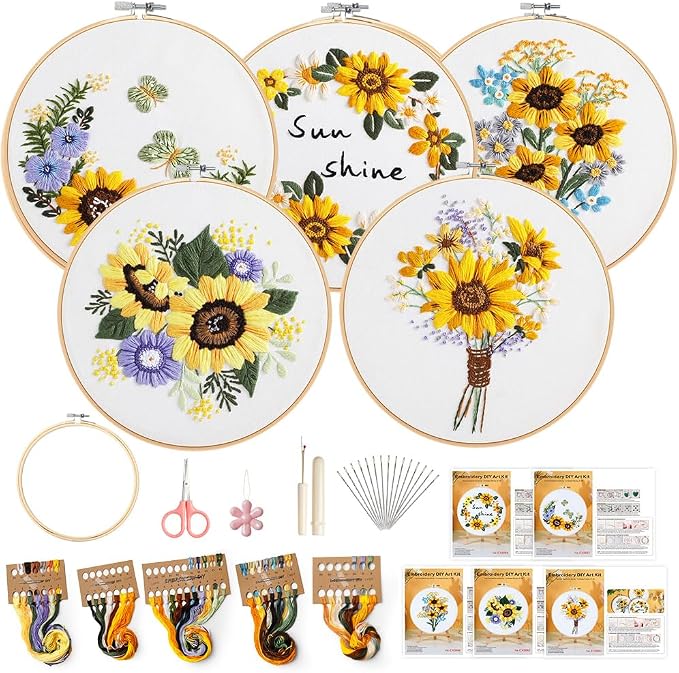 5 Pack embroidery kit for beginners Adults DIY Starter Kit, Sunflower Gifts for by wtisan