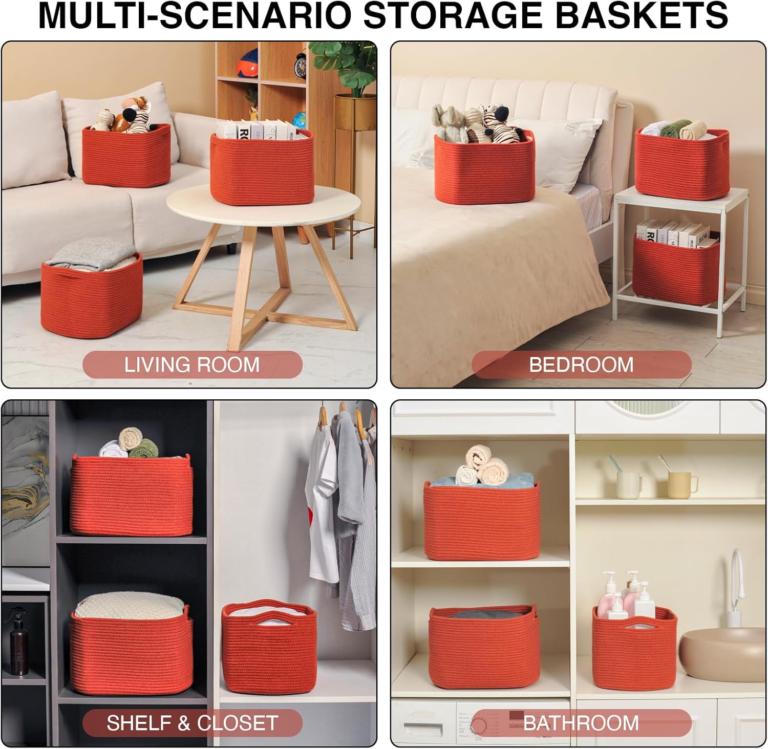 Storage Baskets for Organizing, Storage Basket for Shelves, Toy Towel Basket for Bathroom Nursery, Woven Cotton Rope Baskets for Decor, 15"x11"x9.5", 3 Packs, Brick Red