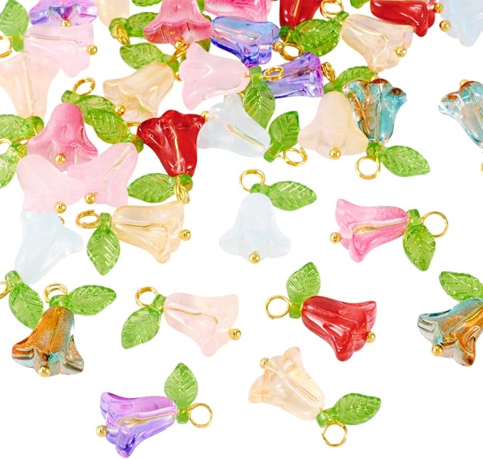 FASHEWELRY 80Pcs Glass Flower Charms Colorful Tulip - Image 2