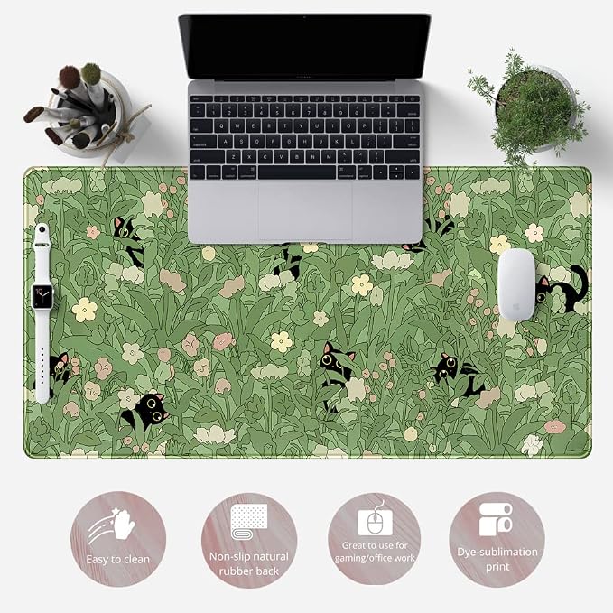 Green Desk Mat XL Cat Cute Plant Cool Desk Pad Keyboard Mat Kawaii Black Cat - Image 6