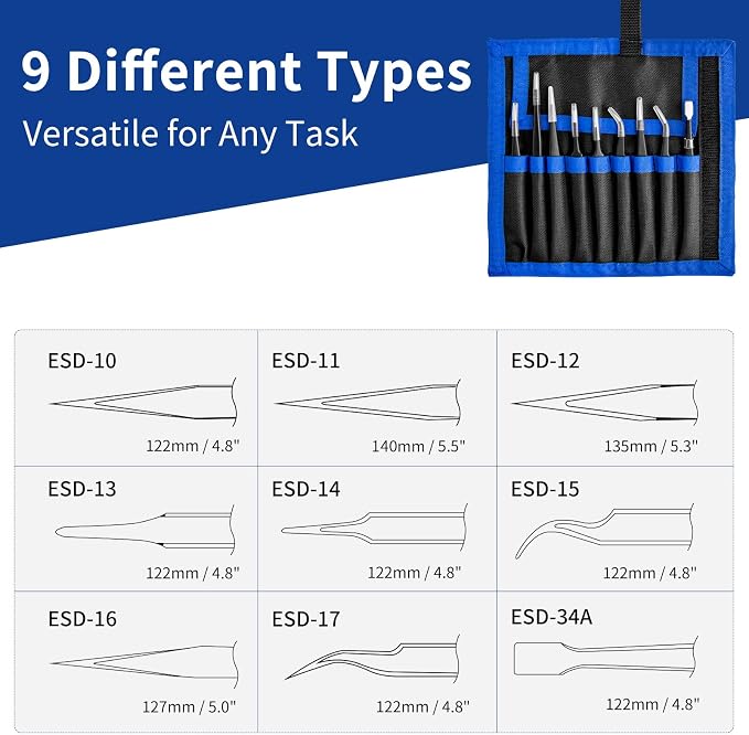 XOOL 9 PCS ESD Precision Tweezers Set, Anti-Static Stainless Steel Tweezers Kit - Image 2