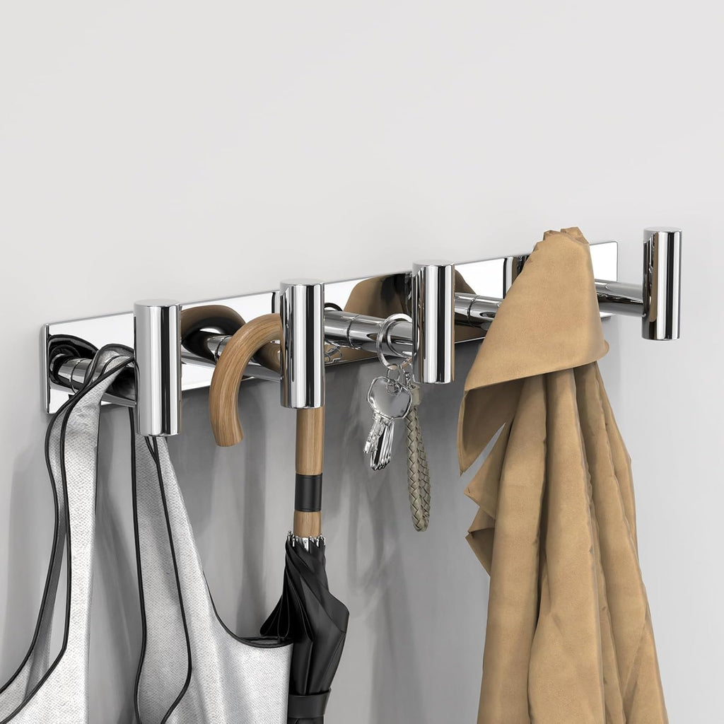 VAEHOLD Hat and Coat Wall Mount Rack - Hooks for Robes, Bags, Keys, and Towels - Bathroom Towel Hanger Organizer (Polished Chrome, “T“ Shape 5 Hooks 2 Pack)