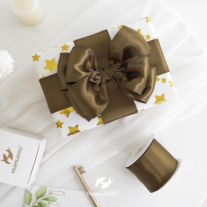 HUIHUANG Brown Wired Ribbon 2.5 inch Brown Satin Wire Ribbon - Image 7