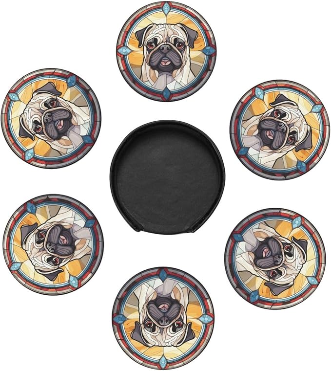 Drink Coaster Set of 6, Pug Dog Mom Lover Gift, Leather Drink Coasters - Image 4