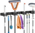 Mop Broom Holder Wall Mount, Black Stainless Steel Tool Storage Organizer for Kitchen Garden Garage Laundry Room Bathroom and RV with 4 Slots 6 Hooks