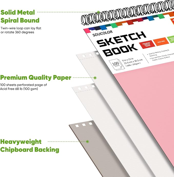 Soucolor 9x12 Sketch Book 2-Pack, 100 Sheets, Spiral Bound | 68lb acid-free - Image 4