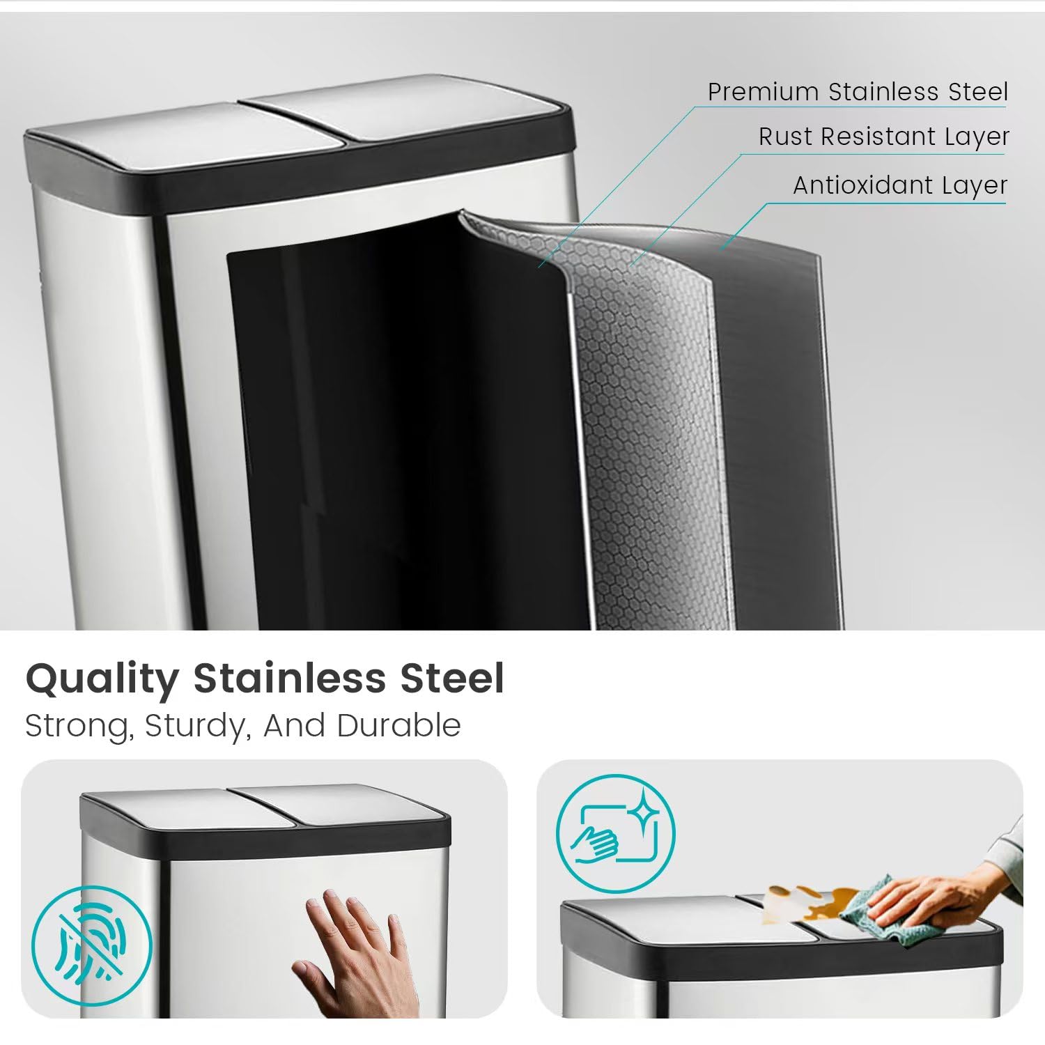 60 Liter (2x30L) 16 Gallon Dual Trash Can, Recycle Bins for Kitchen with 2 Compartments, Trash and Recycle Bin Combo, Soft Close Lid, Stainless Steel Trash Can