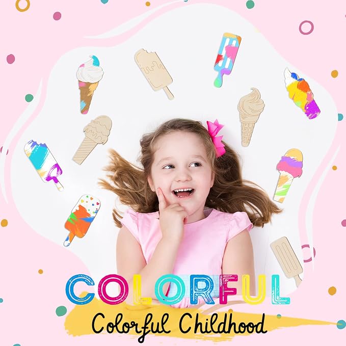 Chunful 60 Pieces Ice Cream Wood Cutouts Crafts Bulk Color Your Own Ice Cream - Image 4