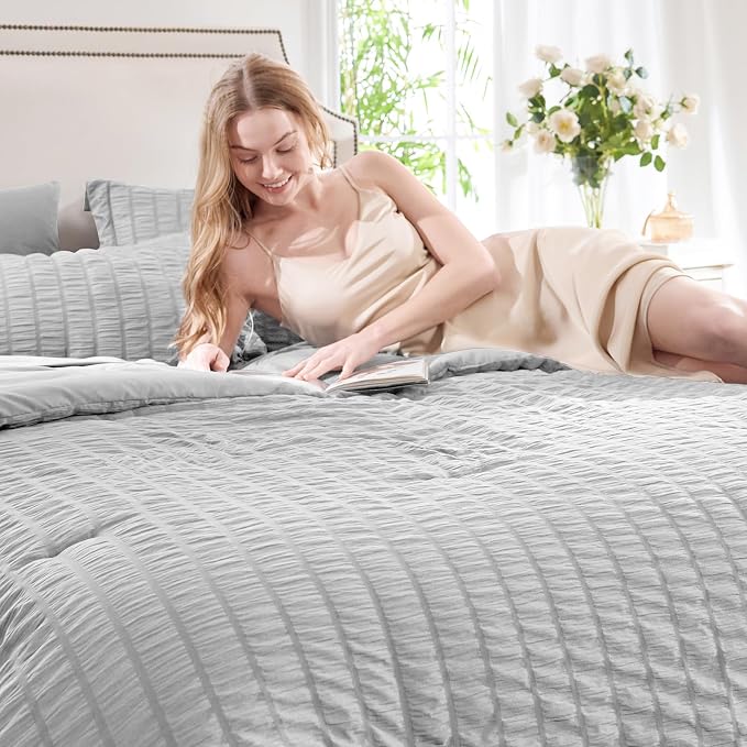 CozyLux King Size Comforter Set Light Grey Seersucker 7 Pieces Bed in a Bag - Image 3