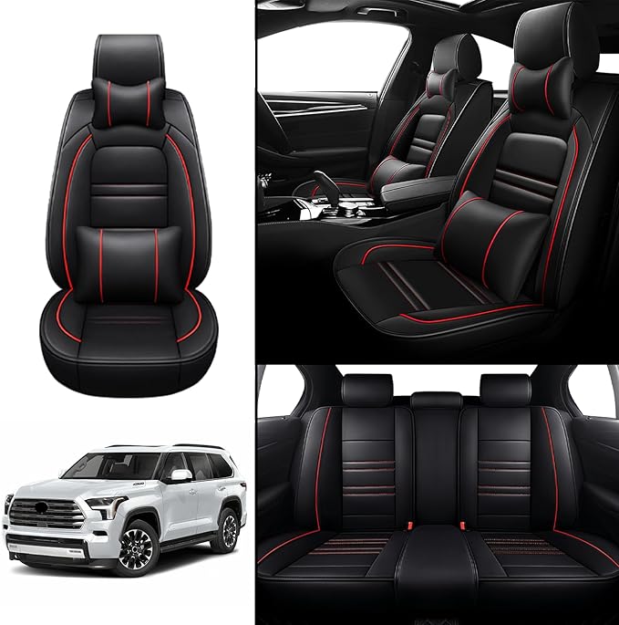 Car Seat Covers for Toyota Sequoia 2008-2025 | 5-Seats Seat Covers, Waterproof Seat Protectors, Automotive Seat Covers (Full Set with Pillow,Black&Red Line)