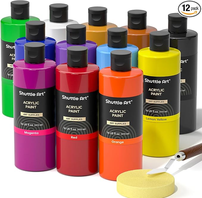 Shuttle Art Acrylic Paint, 12 Colors Acrylic Paint Large Bottle Set, 473ml/16oz by ShuttleArt
