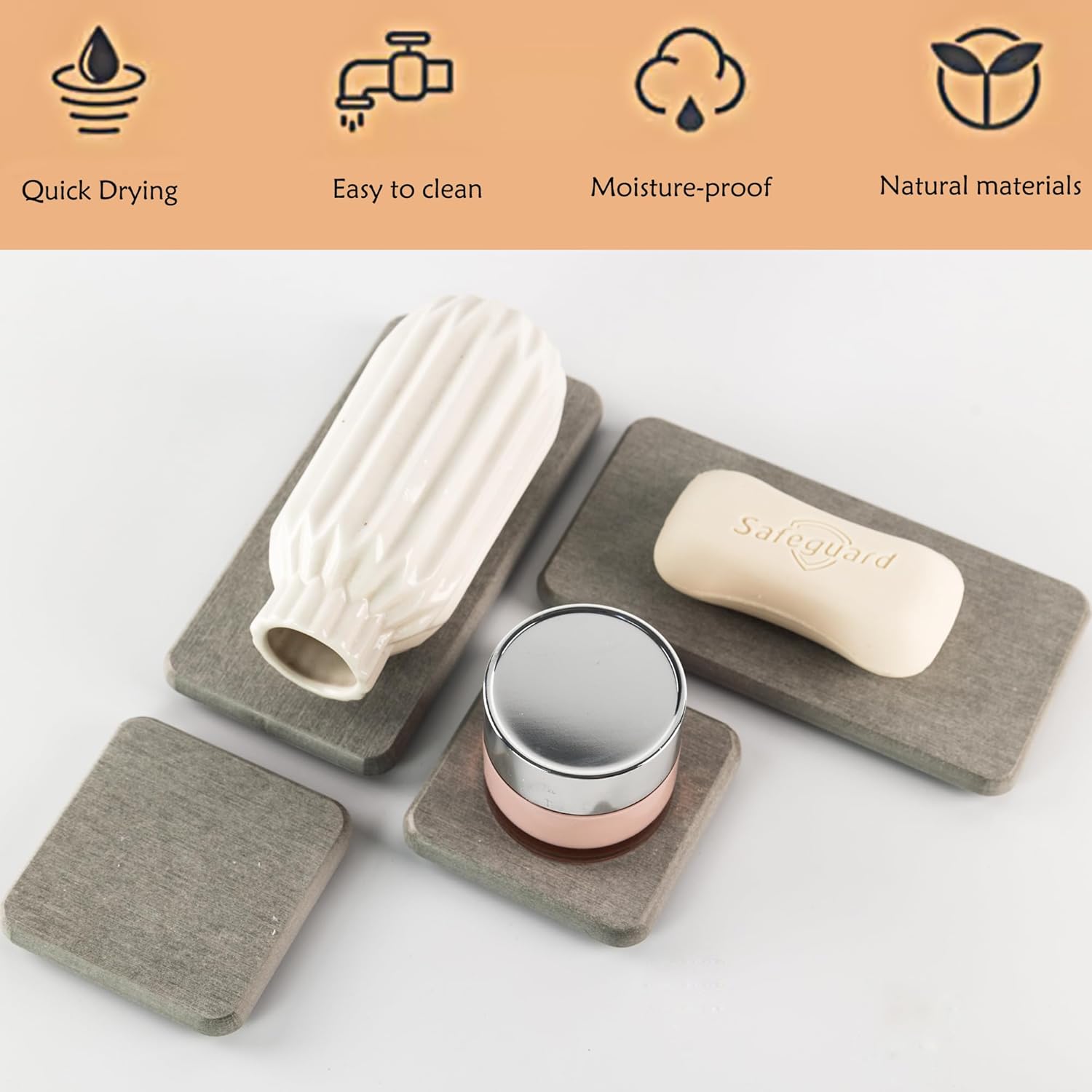 Set of 4 Water Absorbent Diatomite Coasters, Diatomaceous Earth Kitchen Soap Dish, Bathroom Trays, Water Absorbing Stone Used for Hand Soaps & Plants & Toiletries in The Modern Home