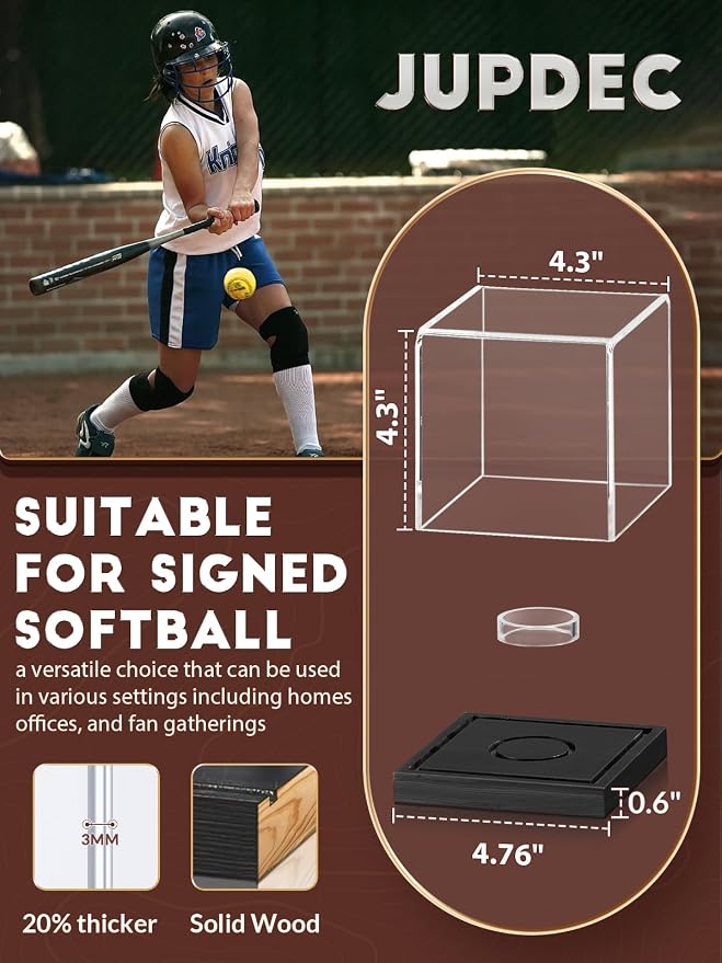 JupDec Softball Display Case Clear Acrylic Ball Holder, UV Protected Cube - Image 3
