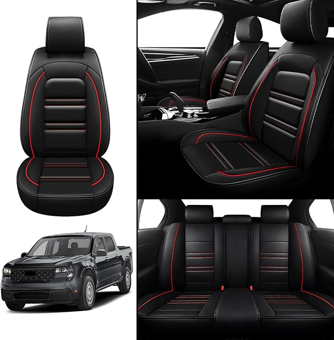 Seat Covers for Ford Maverick 2022-2025 | 5-Seats Leather Seat Covers, Easy to Install Automotive Seat Covers Full Set (Full Set, Black&Red Line)