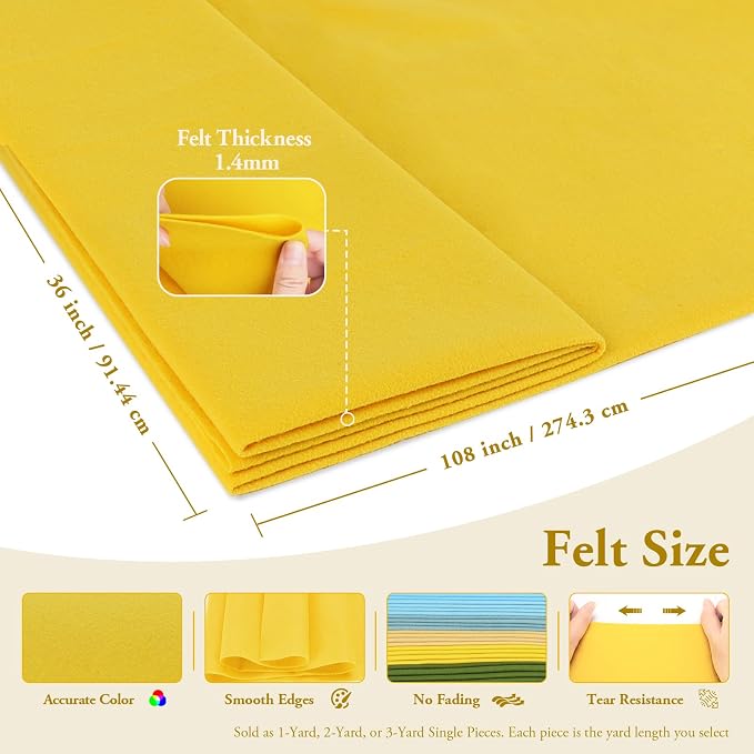 Yellow Felt Fabric Sheet 108" X 36", 1.4mm Thick Large Soft Durable Flexible - Image 2