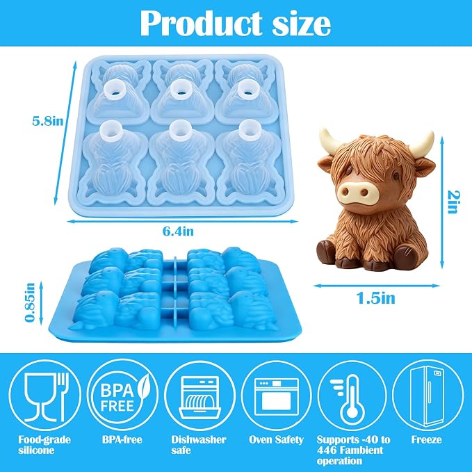 Palksky Highland Cow Silicone Mold, 6 Cavity 3D Cute Cow Chocolate Candy Mold - Image 2