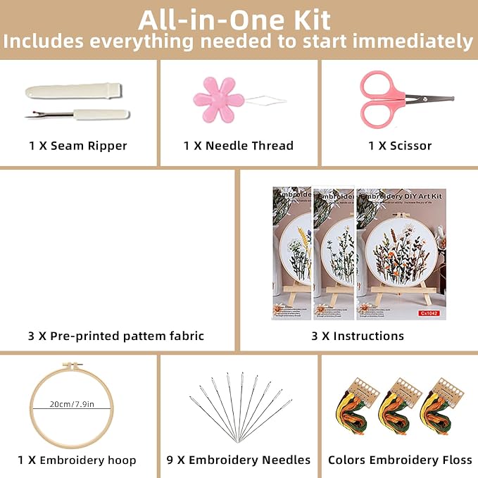 Herdiese Embroidery Kit for Beginners & Adults, Pre-Printed Fabrics, 9 Needles - Image 2