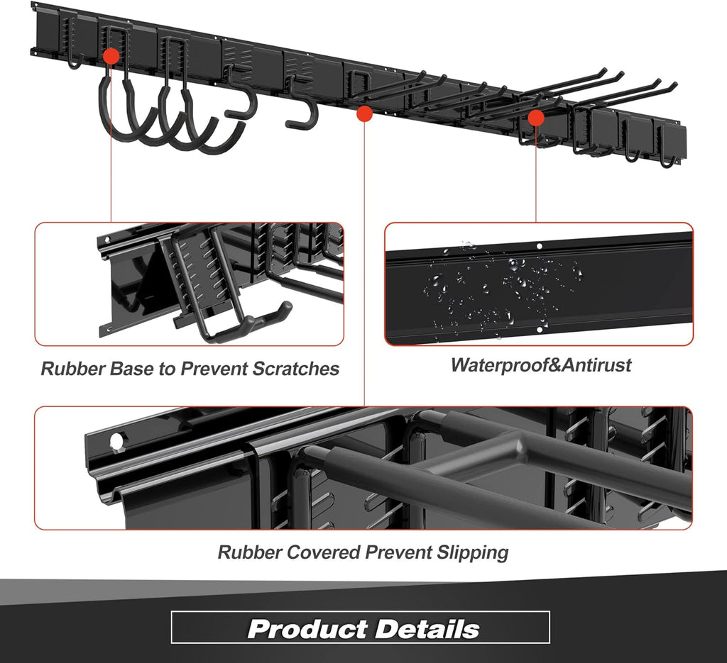Garage Tool Storage Rack, Heavy Duty Garage Storage Organizer Rack System Wall Mounted Tool with 12 double hooks, 4 rails Garden Tool Rack