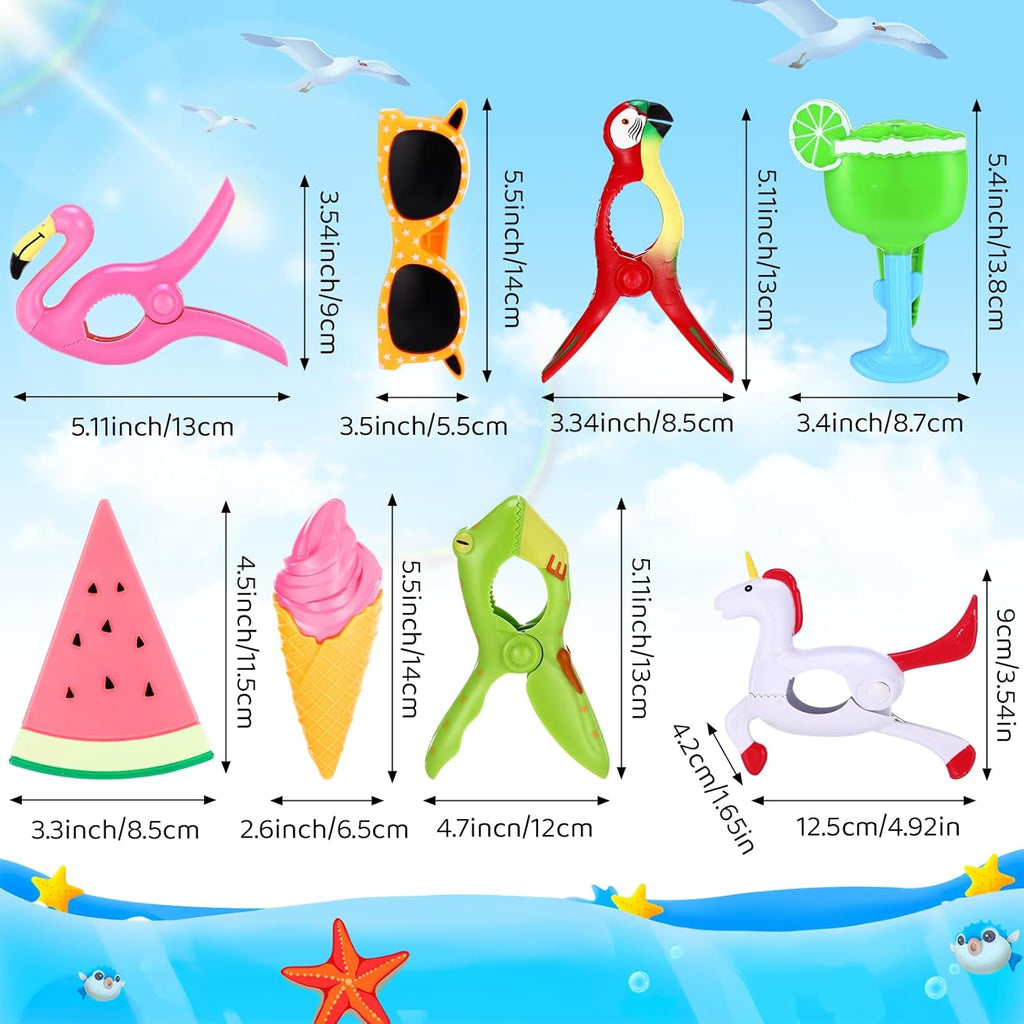 Rtteri 16 Pcs Beach Towel Clips for Beach Chairs Cute Towel Holder Cruise Clothes Pins for Lounge Chair Patio Pool, Assorted Style(Bright)