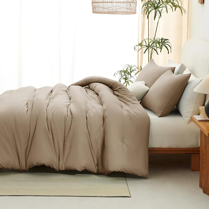 CozyLux Queen Comforter Set Taupe, 3 Pieces Solid Comforters Queen Size - Image 9
